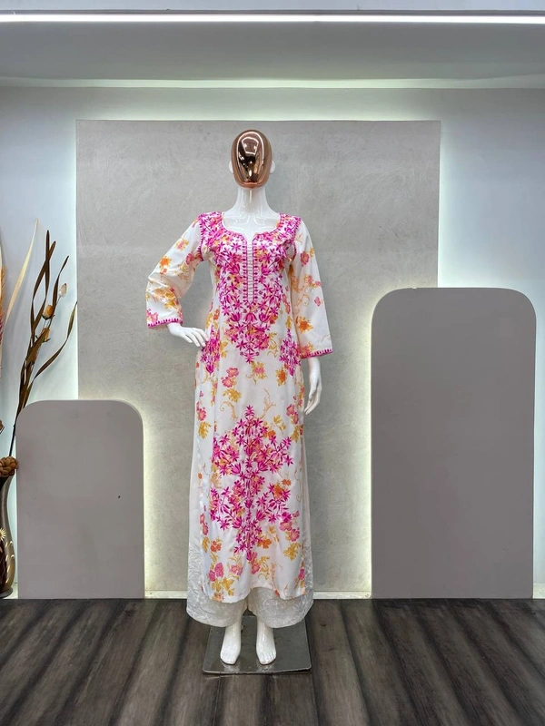 FWBE PRINTED REYON TOP WITH COTTON THREAD EMBROIDERED WORK AND WORK PLAZO - M-38, Pink work