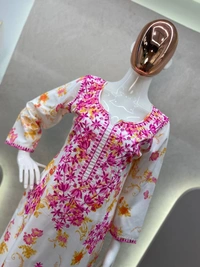 FWBE PRINTED REYON TOP WITH COTTON THREAD EMBROIDERED WORK AND WORK PLAZO - M-38, Pink work