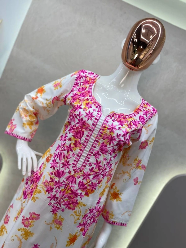 FWBE PRINTED REYON TOP WITH COTTON THREAD EMBROIDERED WORK AND WORK PLAZO - M-38, Pink work
