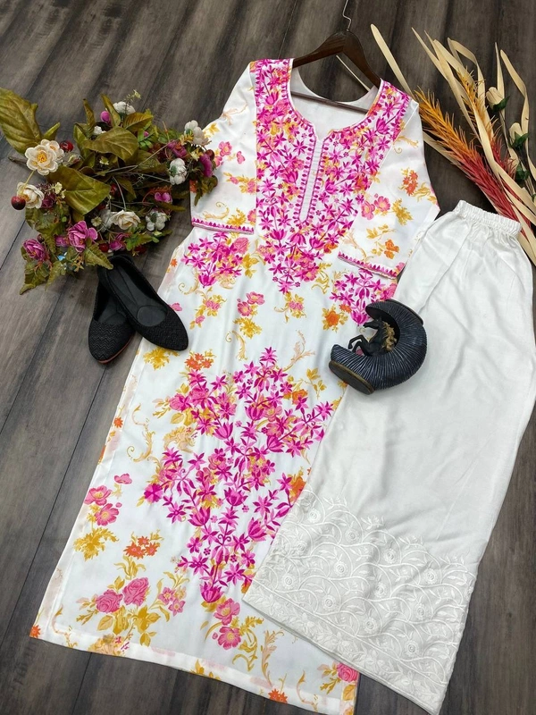 FWBE PRINTED REYON TOP WITH COTTON THREAD EMBROIDERED WORK AND WORK PLAZO - M-38, Pink work