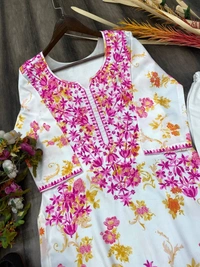 FWBE PRINTED REYON TOP WITH COTTON THREAD EMBROIDERED WORK AND WORK PLAZO - M-38, Pink work
