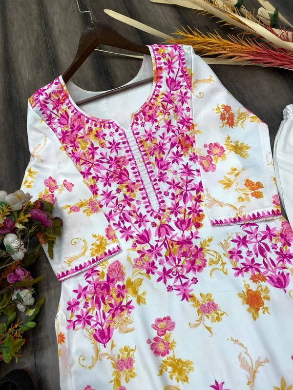 FWBE PRINTED REYON TOP WITH COTTON THREAD EMBROIDERED WORK AND WORK PLAZO - M-38, Pink work