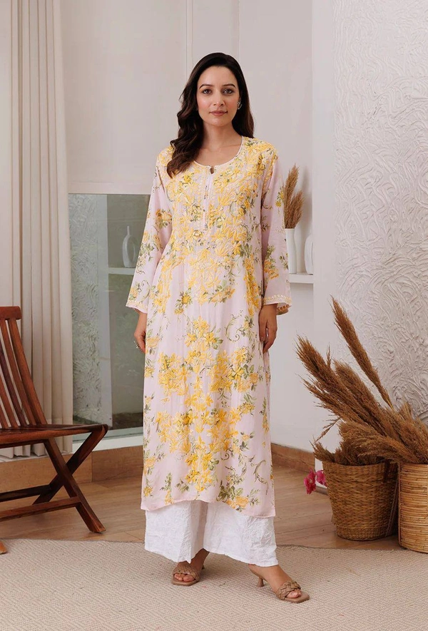 FWBE PRINTED REYON TOP WITH COTTON THREAD EMBROIDERED WORK AND WORK PLAZO - M-38, Yellow work