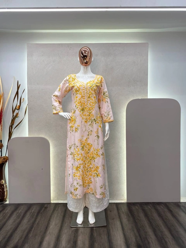 FWBE PRINTED REYON TOP WITH COTTON THREAD EMBROIDERED WORK AND WORK PLAZO - M-38, Yellow work