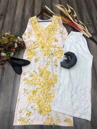 FWBE PRINTED REYON TOP WITH COTTON THREAD EMBROIDERED WORK AND WORK PLAZO - M-38, Yellow work