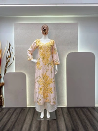 FWBE PRINTED REYON TOP WITH COTTON THREAD EMBROIDERED WORK AND WORK PLAZO - L-40, Yellow work