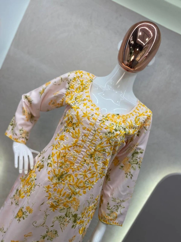 FWBE PRINTED REYON TOP WITH COTTON THREAD EMBROIDERED WORK AND WORK PLAZO - L-40, Yellow work