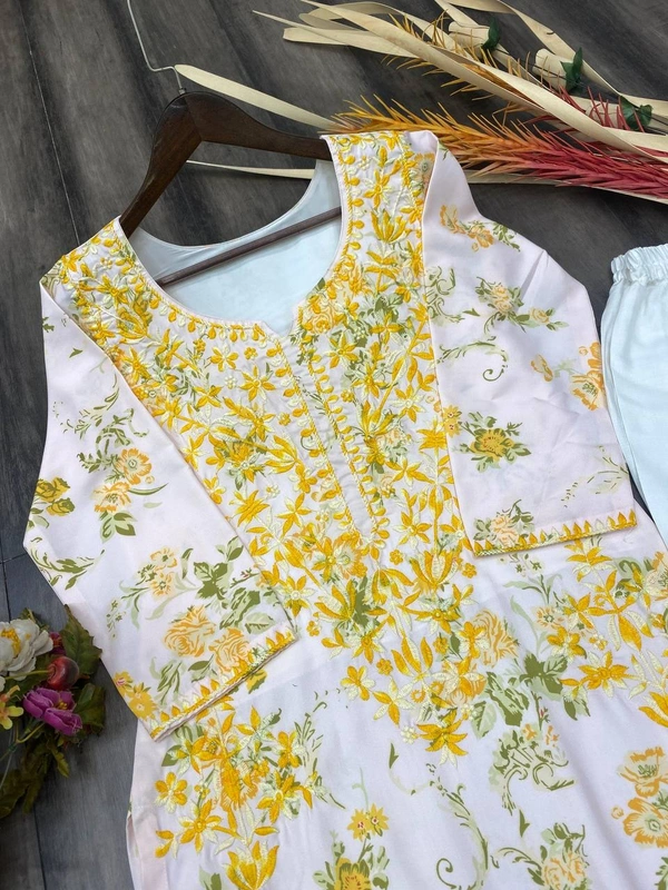 FWBE PRINTED REYON TOP WITH COTTON THREAD EMBROIDERED WORK AND WORK PLAZO - L-40, Yellow work