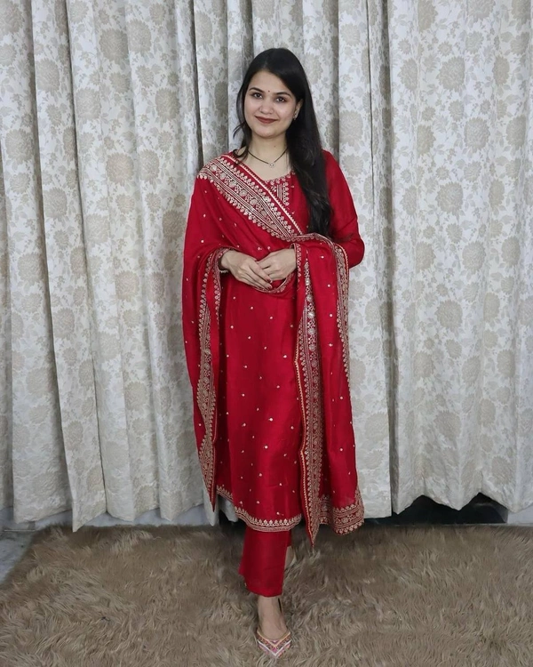 FWBE VALENTINE SPECIAL UNBOX SILK FABRICS SEQUANCE WORK SUIT WITH PANT AND DUPATTA - M-38, Red