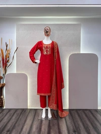 FWBE VALENTINE SPECIAL UNBOX SILK FABRICS SEQUANCE WORK SUIT WITH PANT AND DUPATTA - M-38, Red