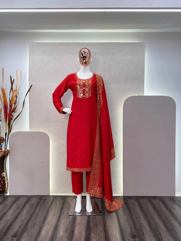 FWBE VALENTINE SPECIAL UNBOX SILK FABRICS SEQUANCE WORK SUIT WITH PANT AND DUPATTA - M-38, Red