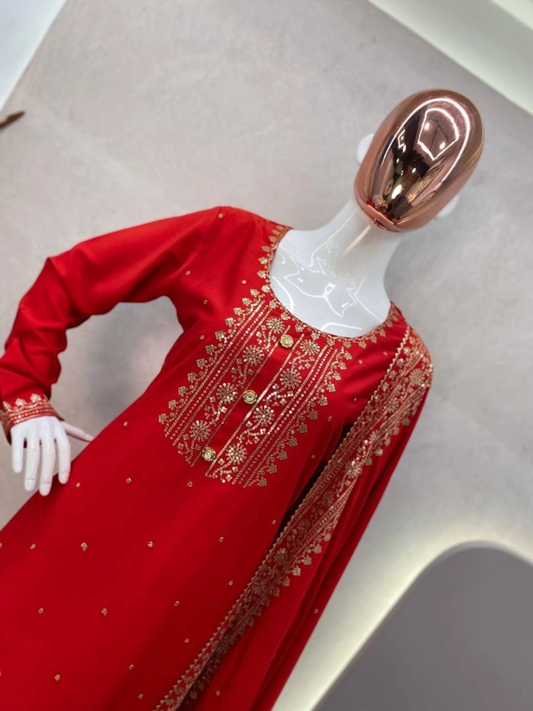 FWBE VALENTINE SPECIAL UNBOX SILK FABRICS SEQUANCE WORK SUIT WITH PANT AND DUPATTA - M-38, Red