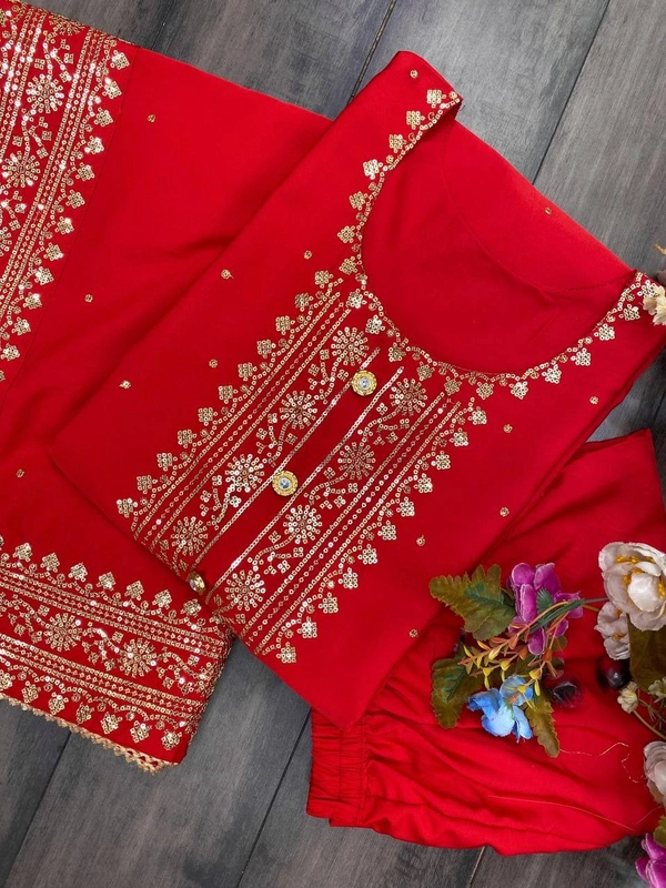 FWBE VALENTINE SPECIAL UNBOX SILK FABRICS SEQUANCE WORK SUIT WITH PANT AND DUPATTA - M-38, Red