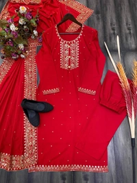 FWBE VALENTINE SPECIAL UNBOX SILK FABRICS SEQUANCE WORK SUIT WITH PANT AND DUPATTA - M-38, Red