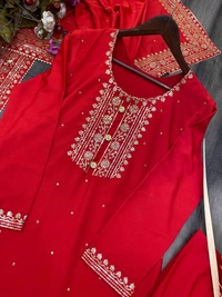 FWBE VALENTINE SPECIAL UNBOX SILK FABRICS SEQUANCE WORK SUIT WITH PANT AND DUPATTA - M-38, Red