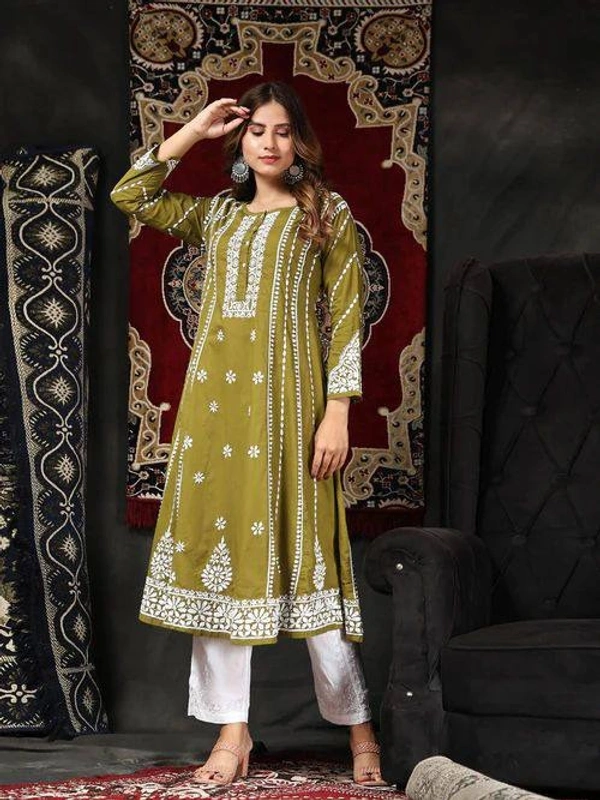 FWBE RAYON FLAIR TOP WITH COTTON THREAD EMBROIDERED WORK AND WORK PLAZO - XL-42, Olive