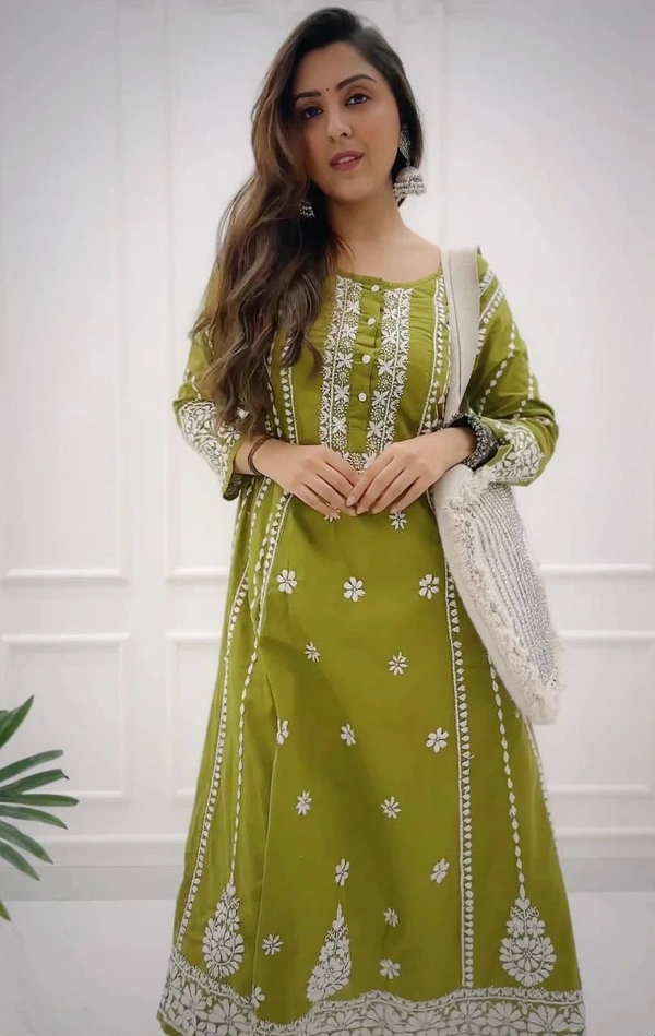 FWBE RAYON FLAIR TOP WITH COTTON THREAD EMBROIDERED WORK AND WORK PLAZO - XL-42, Olive