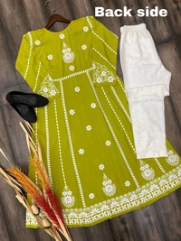 FWBE RAYON FLAIR TOP WITH COTTON THREAD EMBROIDERED WORK AND WORK PLAZO - XL-42, Olive