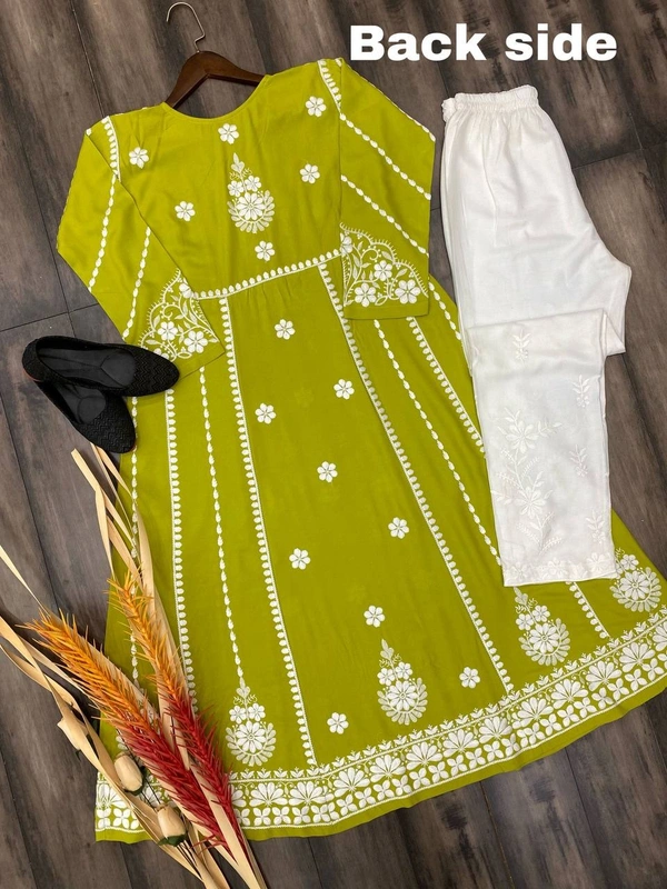 FWBE RAYON FLAIR TOP WITH COTTON THREAD EMBROIDERED WORK AND WORK PLAZO - XL-42, Olive