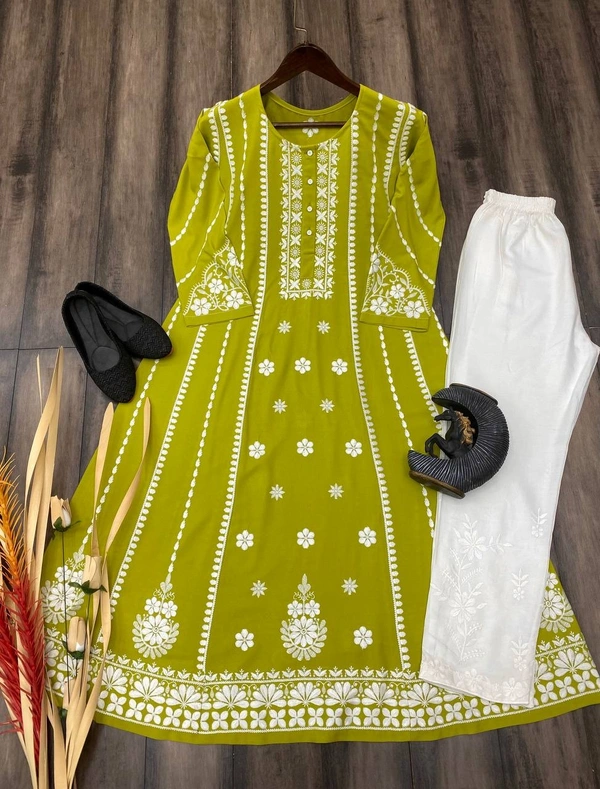 FWBE RAYON FLAIR TOP WITH COTTON THREAD EMBROIDERED WORK AND WORK PLAZO - XL-42, Olive