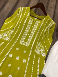 FWBE RAYON FLAIR TOP WITH COTTON THREAD EMBROIDERED WORK AND WORK PLAZO - XL-42, Olive