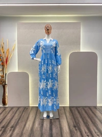 FWBE FLAIR RAYON TOP WITH CHAIN STICHED WORK AND WORK PLAZO - M-38, Havelock Blue