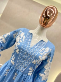 FWBE FLAIR RAYON TOP WITH CHAIN STICHED WORK AND WORK PLAZO - M-38, Havelock Blue