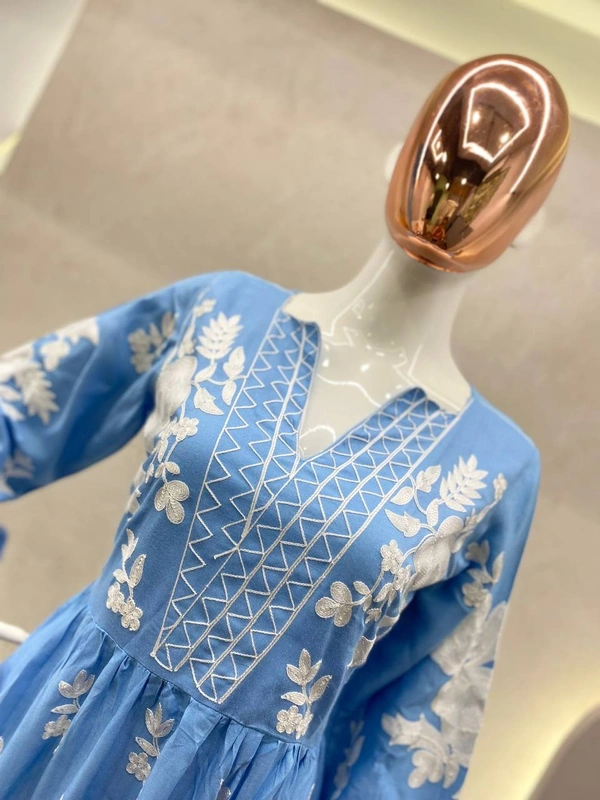 FWBE FLAIR RAYON TOP WITH CHAIN STICHED WORK AND WORK PLAZO - M-38, Havelock Blue