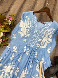 FWBE FLAIR RAYON TOP WITH CHAIN STICHED WORK AND WORK PLAZO - M-38, Havelock Blue