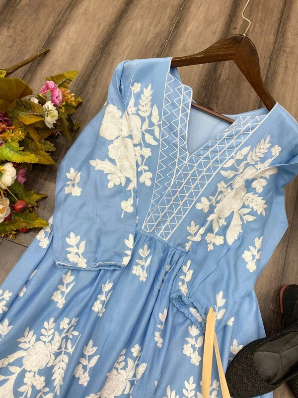 FWBE FLAIR RAYON TOP WITH CHAIN STICHED WORK AND WORK PLAZO - M-38, Havelock Blue