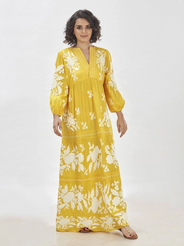 FWBE FLAIR RAYON TOP WITH CHAIN STICHED WORK AND WORK PLAZO - M-38, Yellow