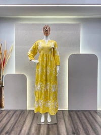 FWBE FLAIR RAYON TOP WITH CHAIN STICHED WORK AND WORK PLAZO - M-38, Yellow