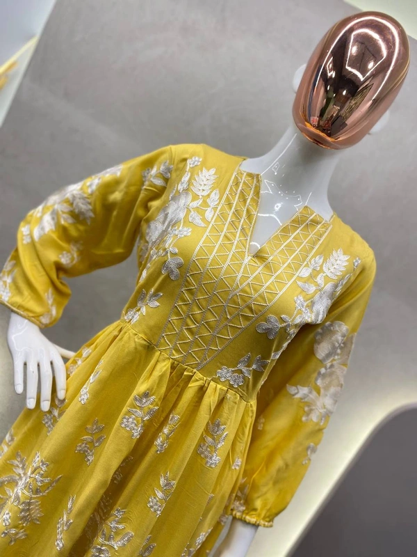 FWBE FLAIR RAYON TOP WITH CHAIN STICHED WORK AND WORK PLAZO - M-38, Yellow
