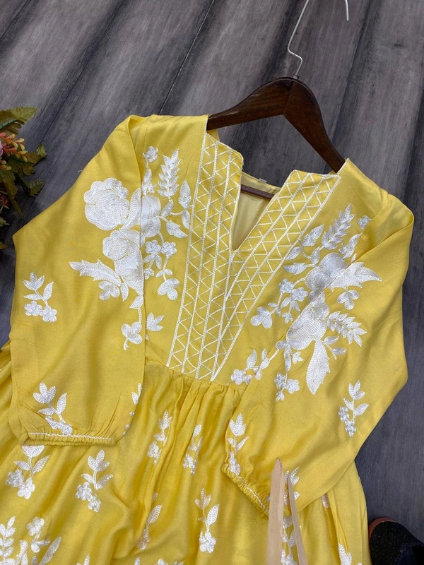 FWBE FLAIR RAYON TOP WITH CHAIN STICHED WORK AND WORK PLAZO - M-38, Yellow