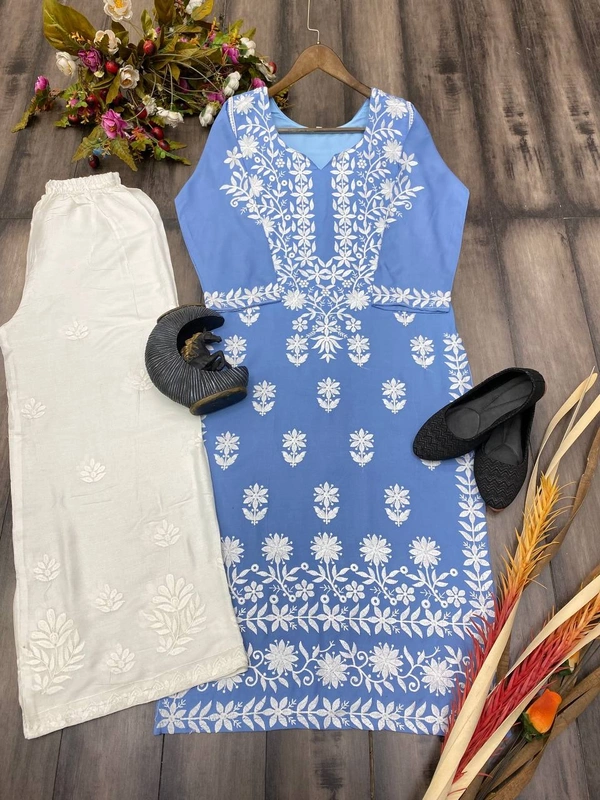FWBE TRANDING REYON TOP WITH COTTON THREAD EMBROIDERED WORK AND WORK PLAZO - XXL-36, Ship Cove