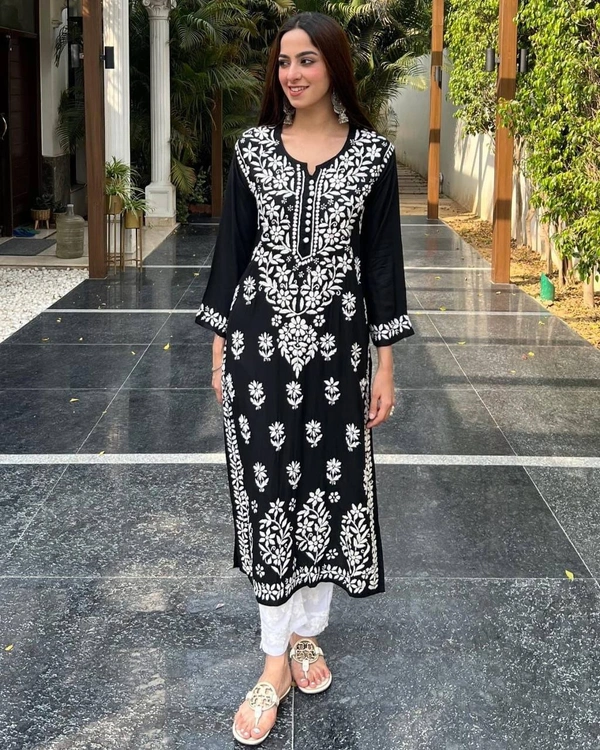 FWBE CHIKANKARI EYON TOP WITH COTTON THREAD EMBROIDERED WORK AND WORK PLAZO - L-40, Black