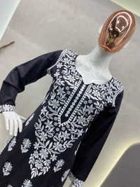 FWBE CHIKANKARI EYON TOP WITH COTTON THREAD EMBROIDERED WORK AND WORK PLAZO - L-40, Black