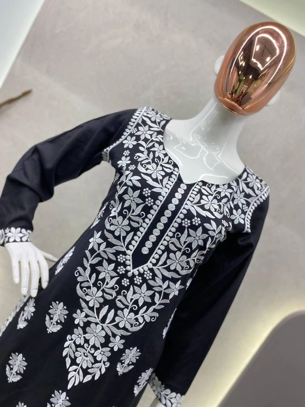 FWBE CHIKANKARI EYON TOP WITH COTTON THREAD EMBROIDERED WORK AND WORK PLAZO - L-40, Black