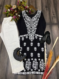 FWBE CHIKANKARI EYON TOP WITH COTTON THREAD EMBROIDERED WORK AND WORK PLAZO - L-40, Black
