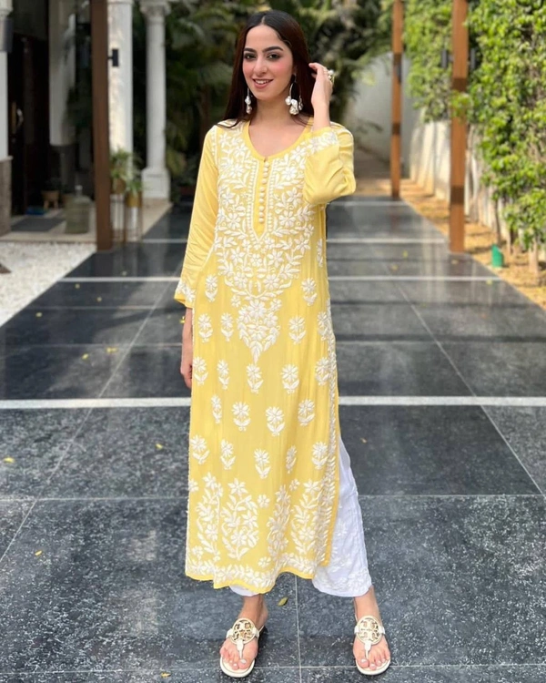 FWBE CHIKANKARI EYON TOP WITH COTTON THREAD EMBROIDERED WORK AND WORK PLAZO - M-38, Yellow
