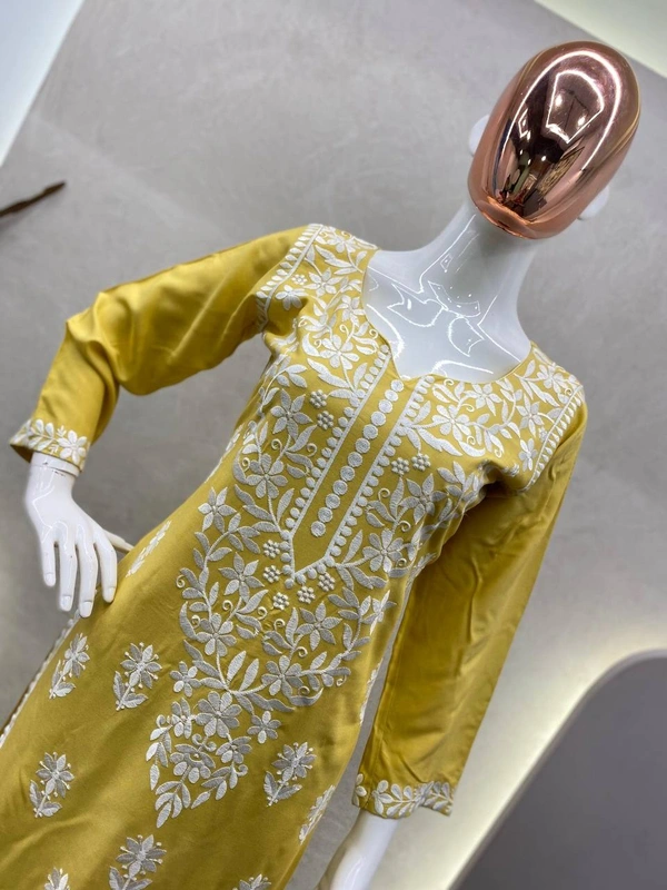 FWBE CHIKANKARI EYON TOP WITH COTTON THREAD EMBROIDERED WORK AND WORK PLAZO - M-38, Yellow