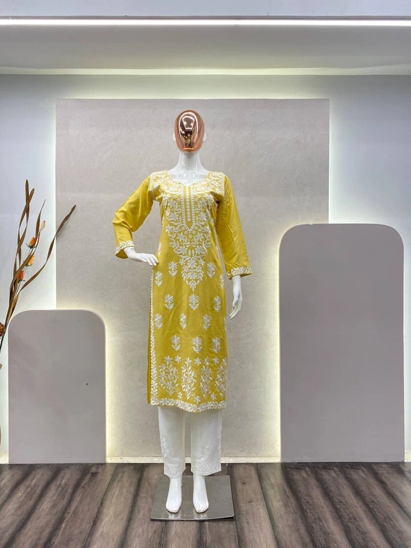 FWBE CHIKANKARI EYON TOP WITH COTTON THREAD EMBROIDERED WORK AND WORK PLAZO - L-40, Yellow
