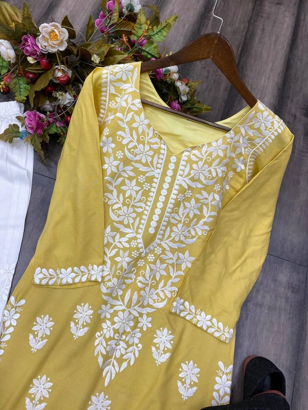 FWBE CHIKANKARI EYON TOP WITH COTTON THREAD EMBROIDERED WORK AND WORK PLAZO - L-40, Yellow
