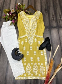 FWBE CHIKANKARI EYON TOP WITH COTTON THREAD EMBROIDERED WORK AND WORK PLAZO - L-40, Yellow