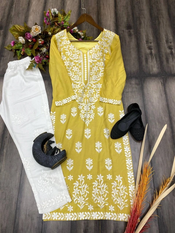 FWBE CHIKANKARI EYON TOP WITH COTTON THREAD EMBROIDERED WORK AND WORK PLAZO - L-40, Yellow