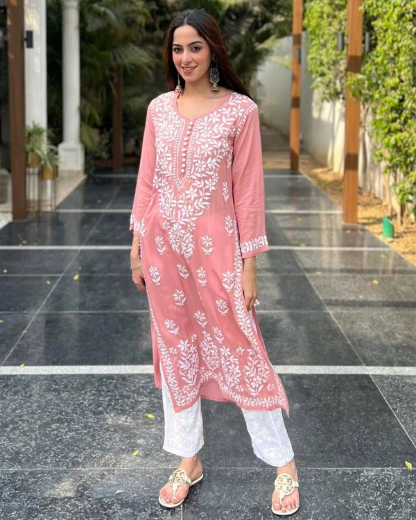 FWBE CHIKANKARI EYON TOP WITH COTTON THREAD EMBROIDERED WORK AND WORK PLAZO - M-38, Terracotta