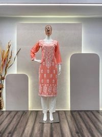 FWBE CHIKANKARI EYON TOP WITH COTTON THREAD EMBROIDERED WORK AND WORK PLAZO - M-38, Terracotta