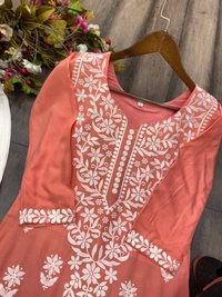 FWBE CHIKANKARI EYON TOP WITH COTTON THREAD EMBROIDERED WORK AND WORK PLAZO - M-38, Terracotta
