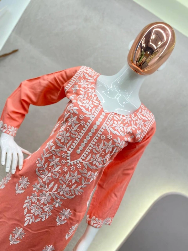 FWBE CHIKANKARI EYON TOP WITH COTTON THREAD EMBROIDERED WORK AND WORK PLAZO - XXL-44, Terracotta