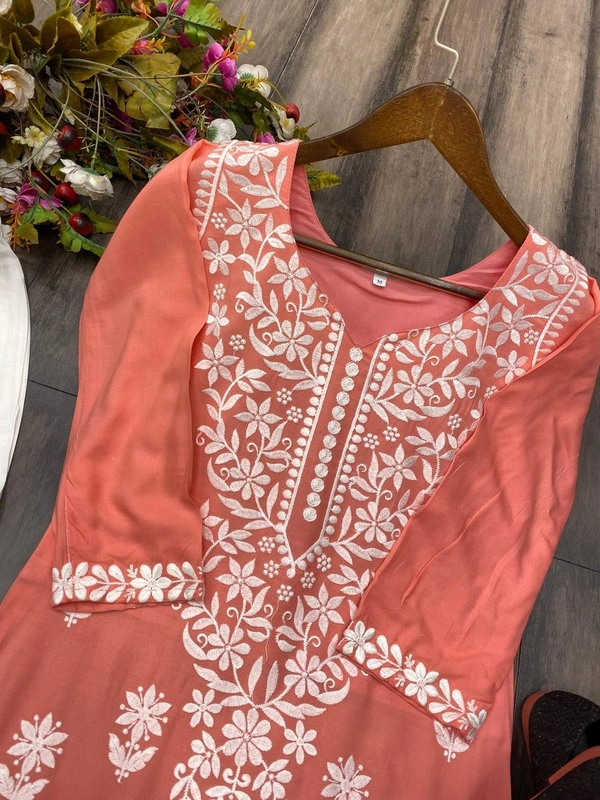 FWBE CHIKANKARI EYON TOP WITH COTTON THREAD EMBROIDERED WORK AND WORK PLAZO - XXL-44, Terracotta